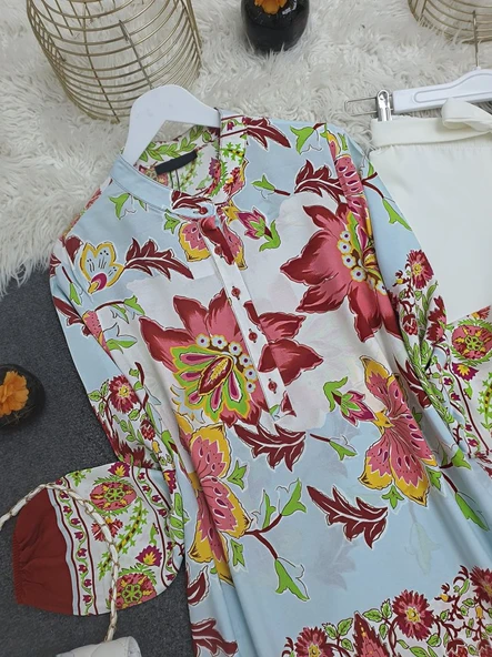 Çiçek Desenli Yarım Düğmeli Pamuk Viskon Tunik -Kiremit - Resim 3