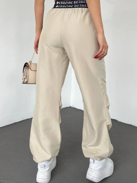 Beli Bantlı Paçası Lastikli Pantolon -Bej - Resim 4