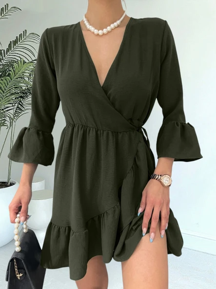 Eteği Ve Kolları Fırfırlı Beli Lastikli Ayrobin Elbise -Haki ürün görseli 1