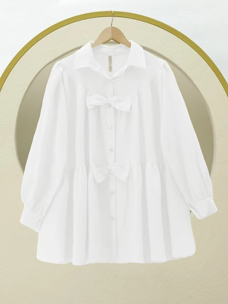 Önü Fiyonk Detaylı Parçalı Gömlek -Beyaz ürün görseli 1