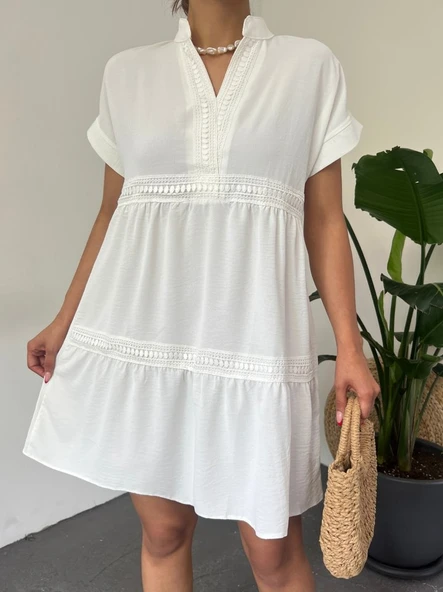 V Yaka Fistolu Ayrobin Elbise -Beyaz ürün görseli 1