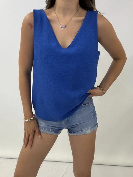 V Yaka Sıfır Kol  Keten Bluz  -Saks - Resim 2