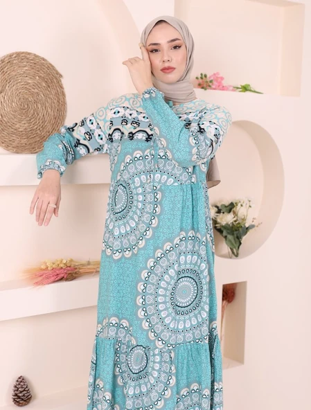 Parçalı Deseli Bağcıklı Kolu Lastikli Elbise  -Mint - Resim 4