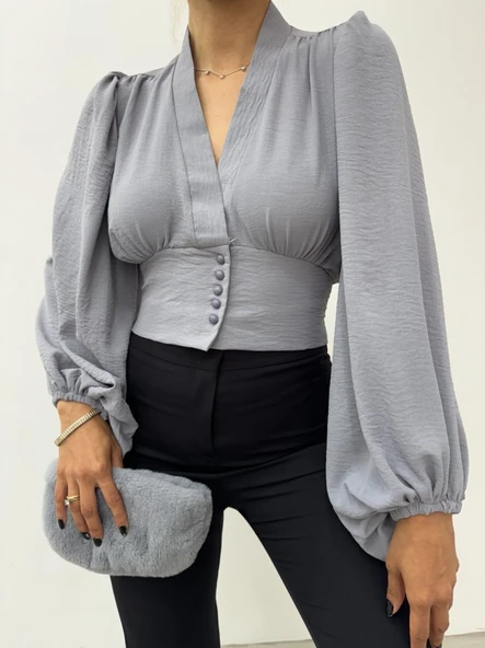 Düğmeli Arkası Lastikli Balon Kol Sandy Crop    -Gri ürün görseli 1