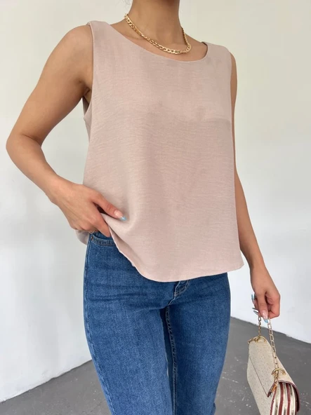 Sıfır Kollu Ayrobin Bluz  -Açık Vizon - Resim 3