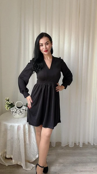 Kadın Uzun Kollu V Yaka Belden Hafif Pileli Scuba Krep Mini Boy Elbise - Resim 2