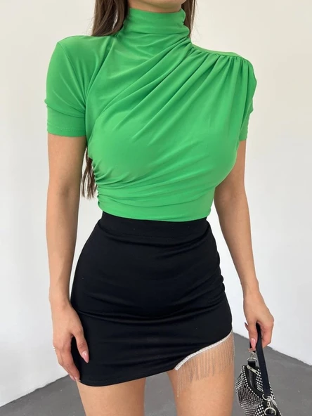 Çapraz Büzgülü Yarım Boğazlı Sandy Bluz -Yeşil - Resim 4