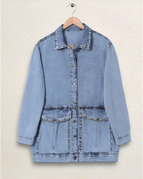 Yaka Ve Ceplerinde Taş İşlemel Kot Ceket -Buz Mavi ürün görseli 1