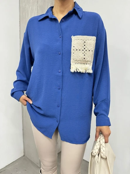 Örgü Cepli Düğmeli Ayrobin Gömlek -İndigo - Resim 3