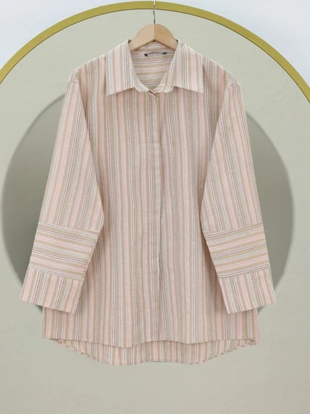 Arkası Uzun Kabartma Çizgili Oversize Gömlek -Vizon ürün görseli 1