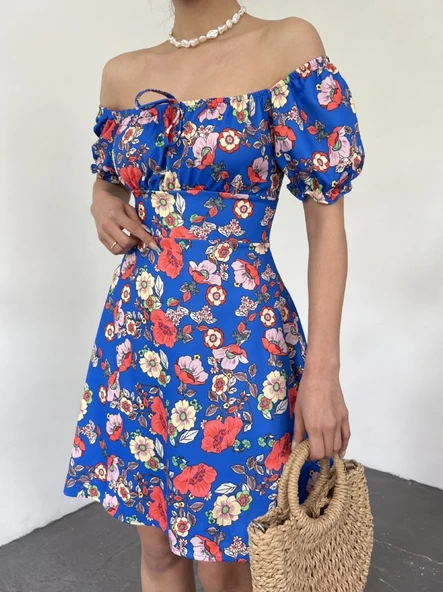 Yakası Lastikli Bağcık Detaylı Mini Elbise -Saks ürün görseli 1