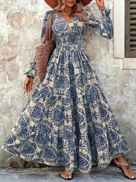 Kadın Uzun Kollu V Yakalı Desenli Süprem Elbise ürün görseli 1