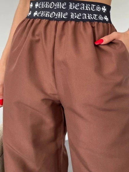 Beli Bantlı Paçası Lastikli Pantolon -Kahve - Resim 2