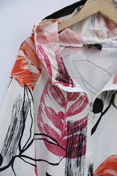 Desenli Fermuarlı Sabit Kapşonlu Keten Ceket -Turuncu - Resim 4