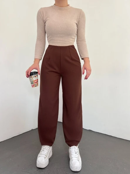 Beli Lastikli Balon Pantolon -Kahve - Resim 2