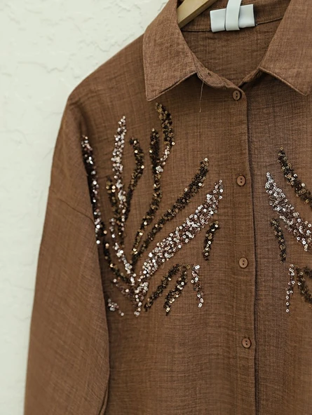 Önü Pul Payetli Uzun Gömlek    -Kahve - Resim 2