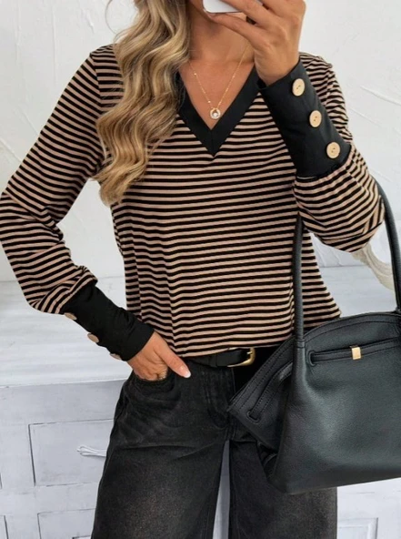 Kadın Uzun Kollu V Yakalı Desenli Süprem Bluz ürün görseli 1