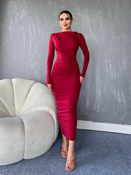 Yanı Büzgülü Uzun Skuba Elbise -Bordo ürün görseli 1