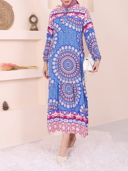 Parçalı Deseli Bağcıklı Kolu Lastikli Elbise  -Mavi ürün görseli 1