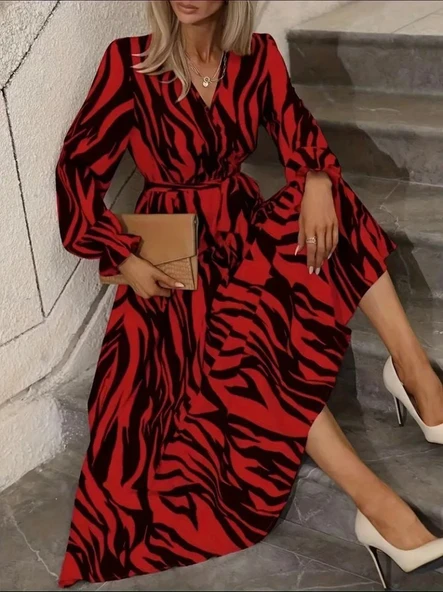 Kadın Uzun Kollu Kruvaze Yakalı Kuşaklı Zebra Desenli Süprem Maxi Elbise ürün görseli 1