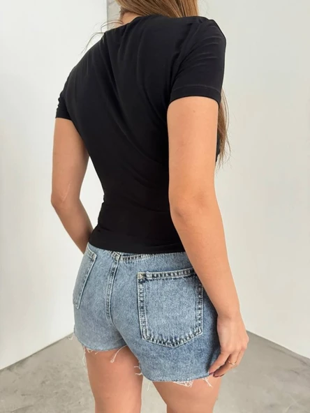 Çapraz Büzgülü Kısa Kol Sandy Bluz  -Siyah - Resim 4