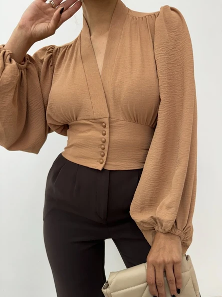 Düğmeli Arkası Lastikli Balon Kol Sandy Crop     -Vizon - Resim 4