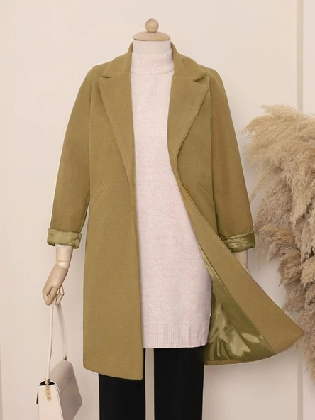 Tek Düğmeli Astarlı Kışlık Kaşe Kaban -Hardal ürün görseli 1