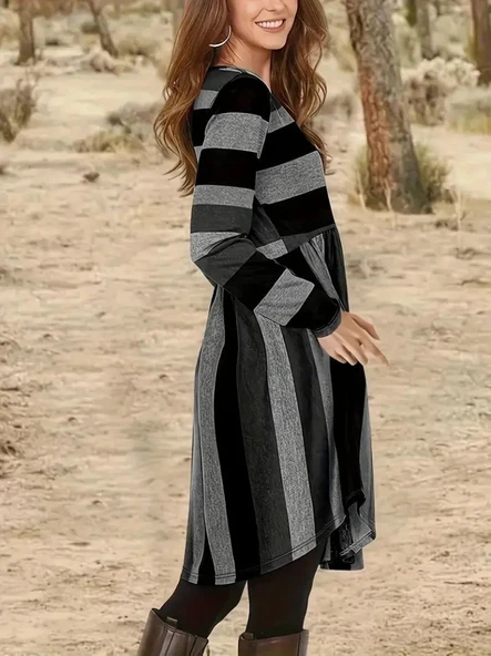 Kadın Uzun Kollu Bisiklet Yaka çizgili Desen Detaylı Süprem Mini Elbise - Resim 3