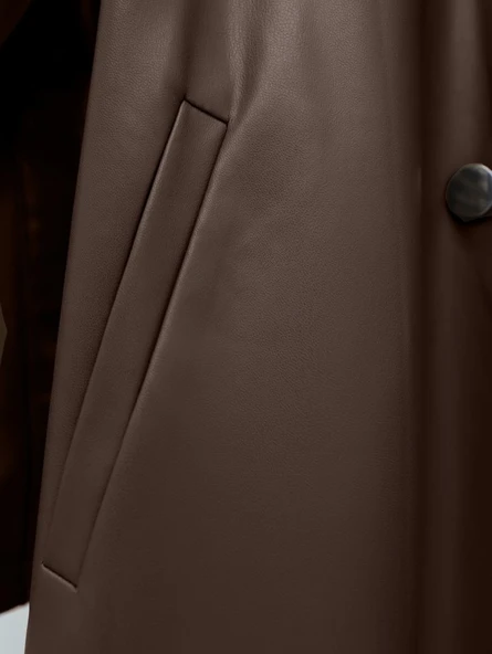 Kemerli Yan Cepli Deri Trenckot -Kahve - Resim 4