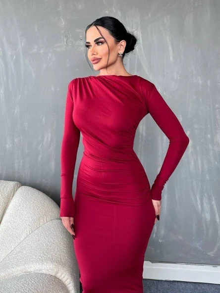 Yanı Büzgülü Uzun Skuba Elbise -Bordo - Resim 2