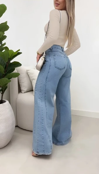 Kadın Yüksek Bel Paçaya Doğru Geniş Kesimli Kot Pantolon - Resim 4