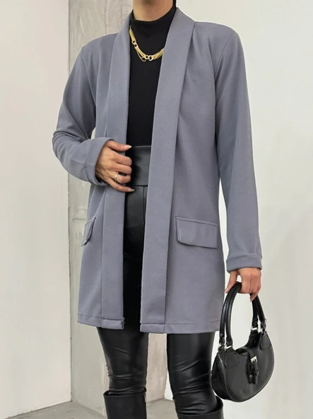 Yakası Ve Kolu Katlamalı Cep Detaylı Krep  Ceket -Gri - Resim 2