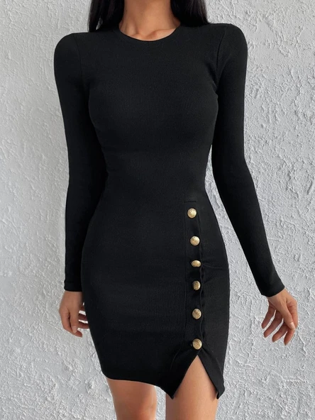 Kadın Siyah Uzun Kollu Bisiklet Yaka Yan Yırtmaç Düğme Detay Kısa Kaşkorse Elbise - Resim 9