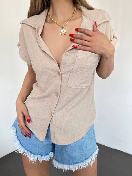 Duble Kol Tek Cepli Bürümcük Gömlek  -Bej ürün görseli 1