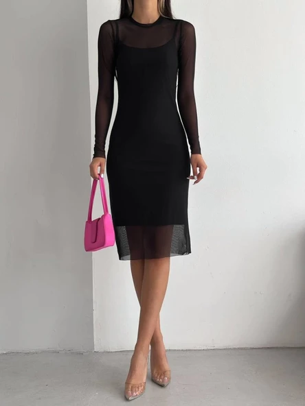 Tül Elbise Atlet  Takım -Siyah - Resim 2