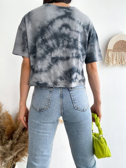 Motosiklet Baskılı Yıkamalı Crop Tişort -Gri - Resim 3