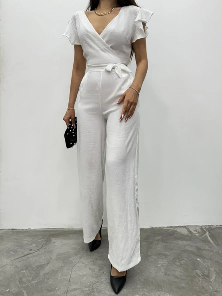 Fermuar Detaylı Fırfırlı Tulum   -Beyaz - Resim 3