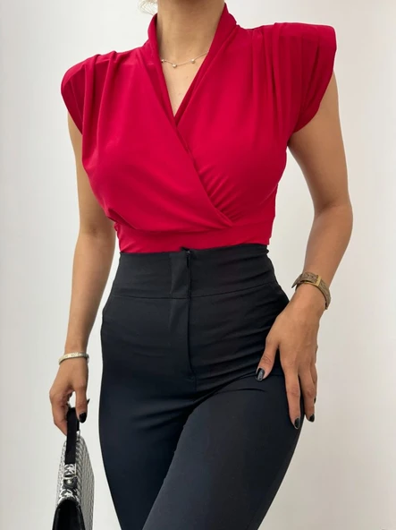 Sıfır Kol Vatkalı Kruvaze Model Sandy Bluz -Bordo - Resim 3