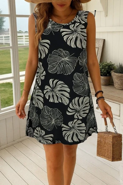 Kadın Sıfır Kollu Yuvarlak Yaka Desenli Süprem Elbise - Resim 2