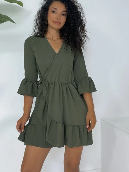 Eteği Ve Kolları Fırfırlı Beli Lastikli Ayrobin Elbise -Haki - Resim 2