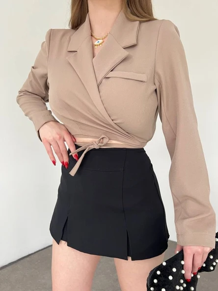 Sırt Dekolteli Beli Bağcıklı Crop Ceket -Vizon - Resim 2