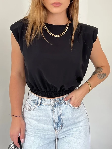 Omuzları Vatkalı Beli Lastikli  Bluz -Siyah ürün görseli 1