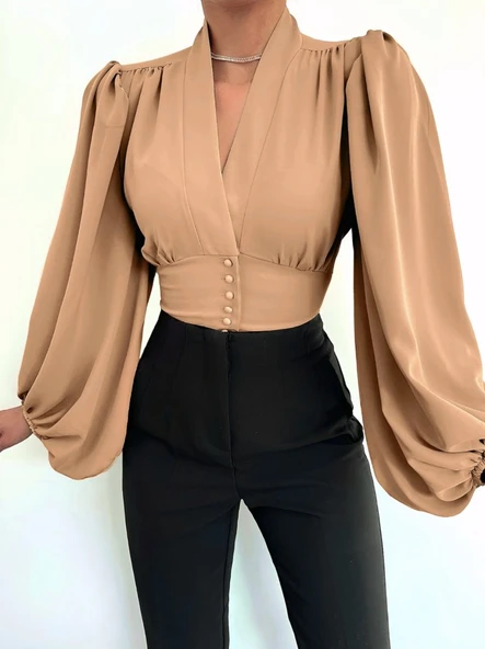 Düğmeli Arkası Lastikli Balon Kol Sandy Crop     -Vizon - Resim 2