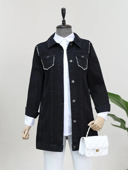 Cebi Ve Omuzları İncili Random Yıkama Kot Ceket -Siyah - Resim 2