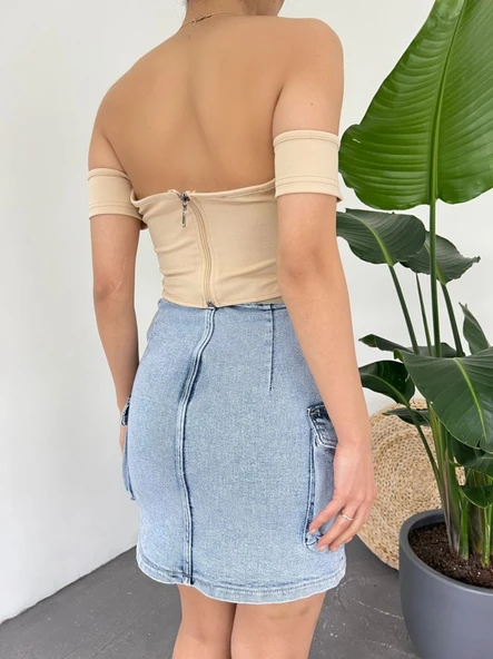 Sırt Fermuarlı Omuz Detaylı Korse Crop  -Bej - Resim 3