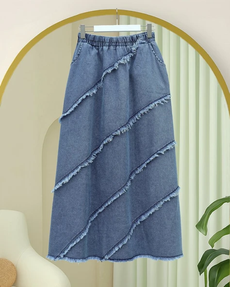 Püskül Detaylı Beli Lastikli Kot Etek  -Mavi ürün görseli 1