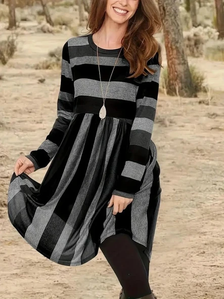 Kadın Uzun Kollu Bisiklet Yaka çizgili Desen Detaylı Süprem Mini Elbise - Resim 2