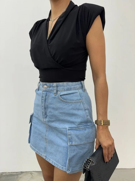 Sıfır Kol Vatkalı Kruvaze Model Sandy Bluz -Siyah - Resim 6