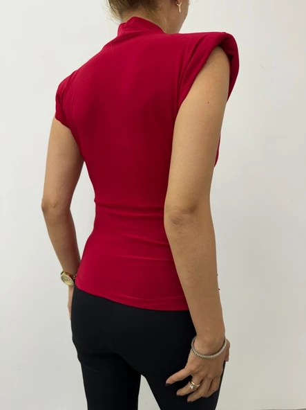 Sıfır Kol Vatkalı Kruvaze Model Sandy Bluz -Bordo - Resim 7
