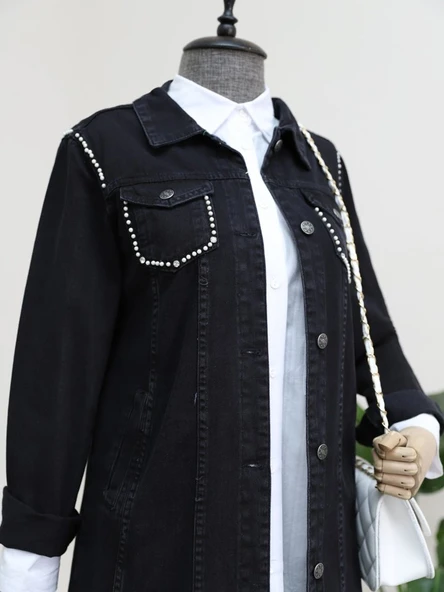 Cebi Ve Omuzları İncili Random Yıkama Kot Ceket -Siyah - Resim 3